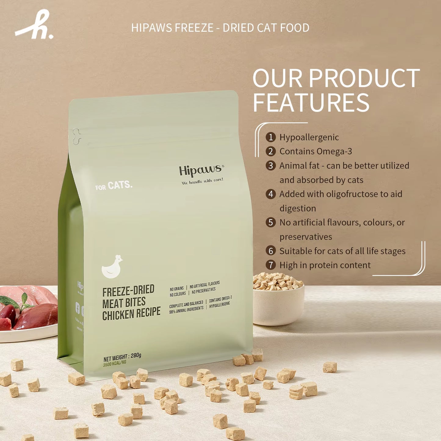 Complete Natural Chicken Recipe Freeze-Dried Cat Food Treats Toppers 280G, Hypoallergenic No Grain Fresh Chicken; Freeze