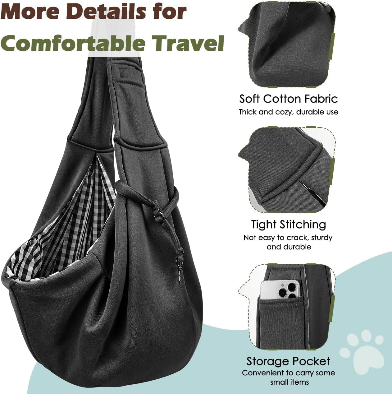 Small Dog Sling Carrier, Reversible Hands Free Dog Sling Carriers for Small Dogs and Cats, Puppy Slings Carrier with Adjustable Strap Buckle & Safety Harness, Puppy Essentials, Black
