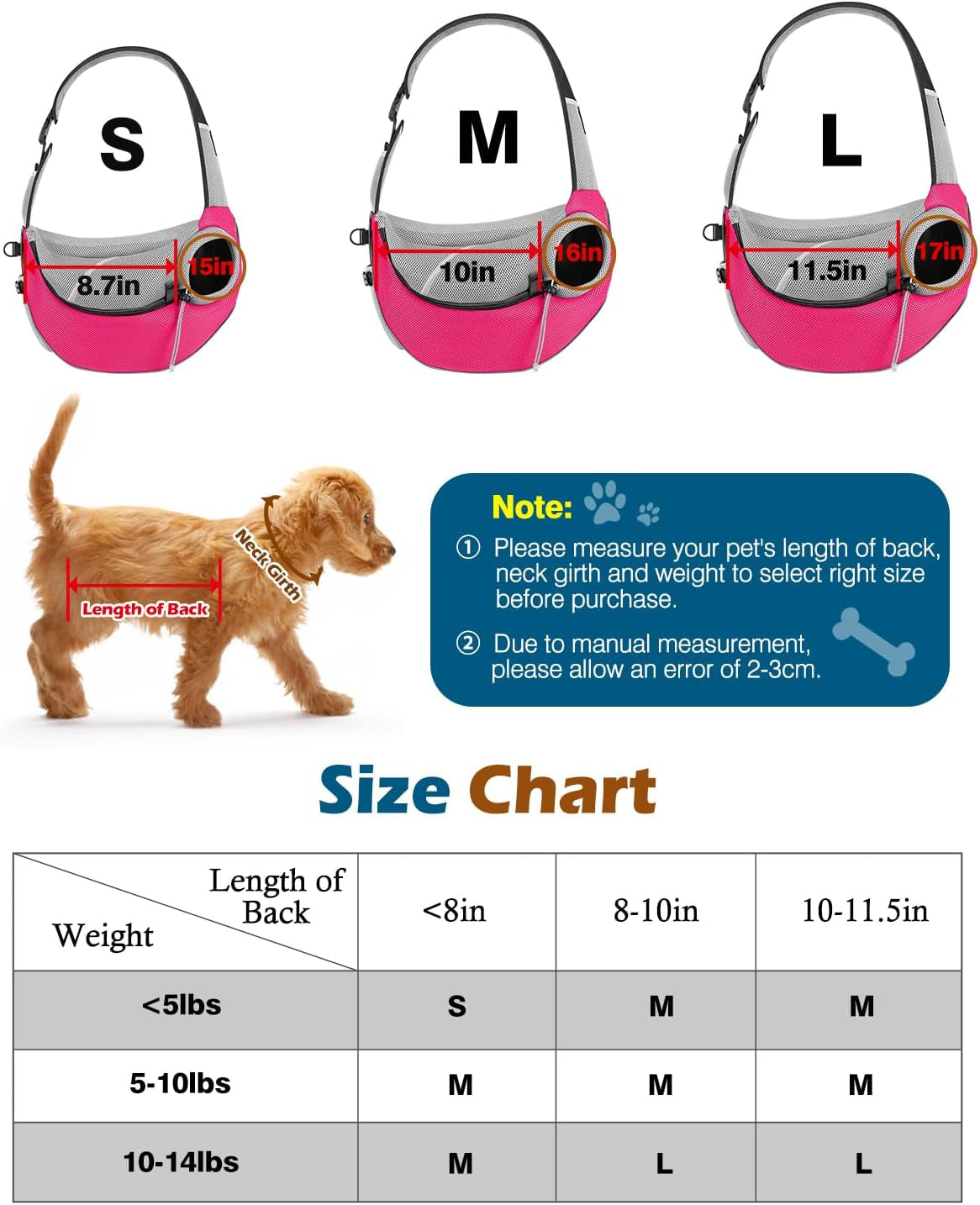 Dog Sling Carrier, Dog Papoose with Zipper Touch Pocket, Hand Free Breathable Mesh Puppy Carrier, Crossbody Satchel Dog Purse with Adjustable Strap for Outdoor Travel, Pink, Large