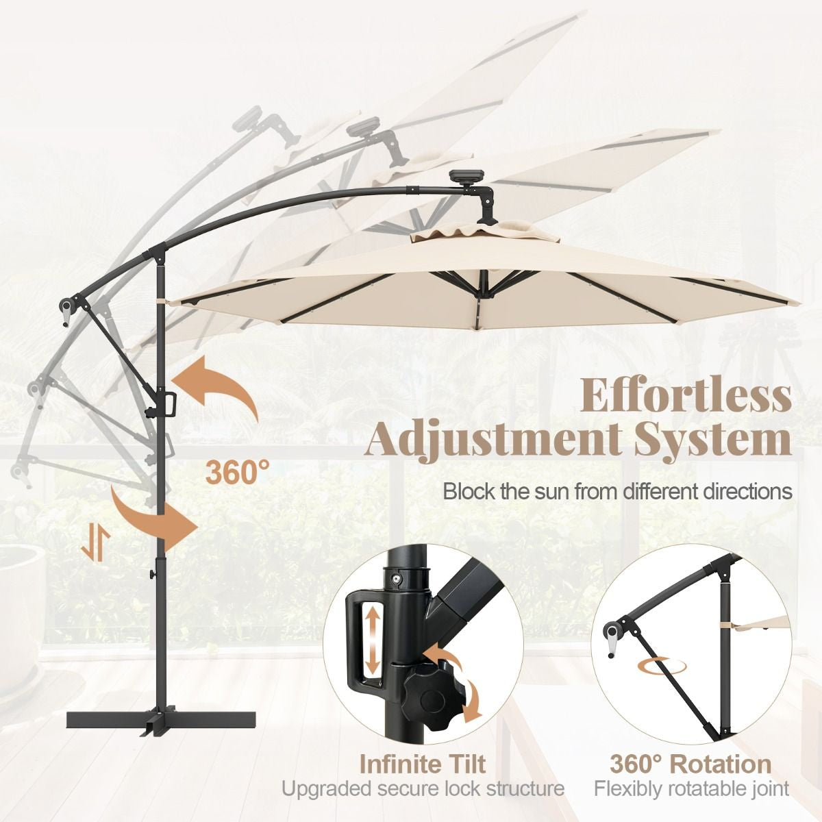 Patio Umbrella Solar LED Cantilever Umbrella with Tilt Adjustment
