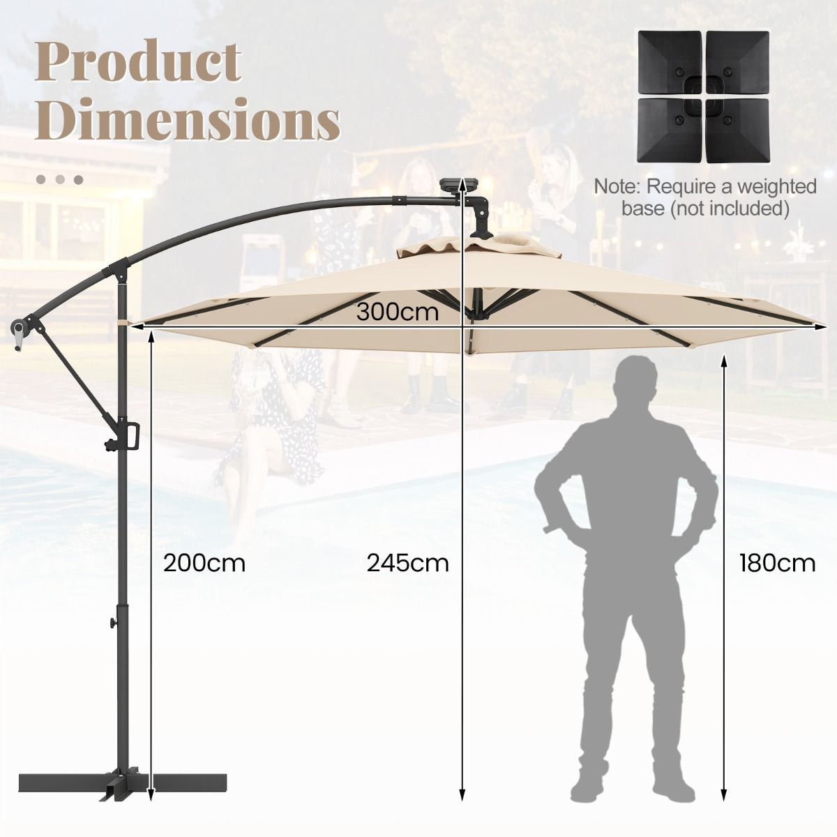 Patio Umbrella Solar LED Cantilever Umbrella with Tilt Adjustment