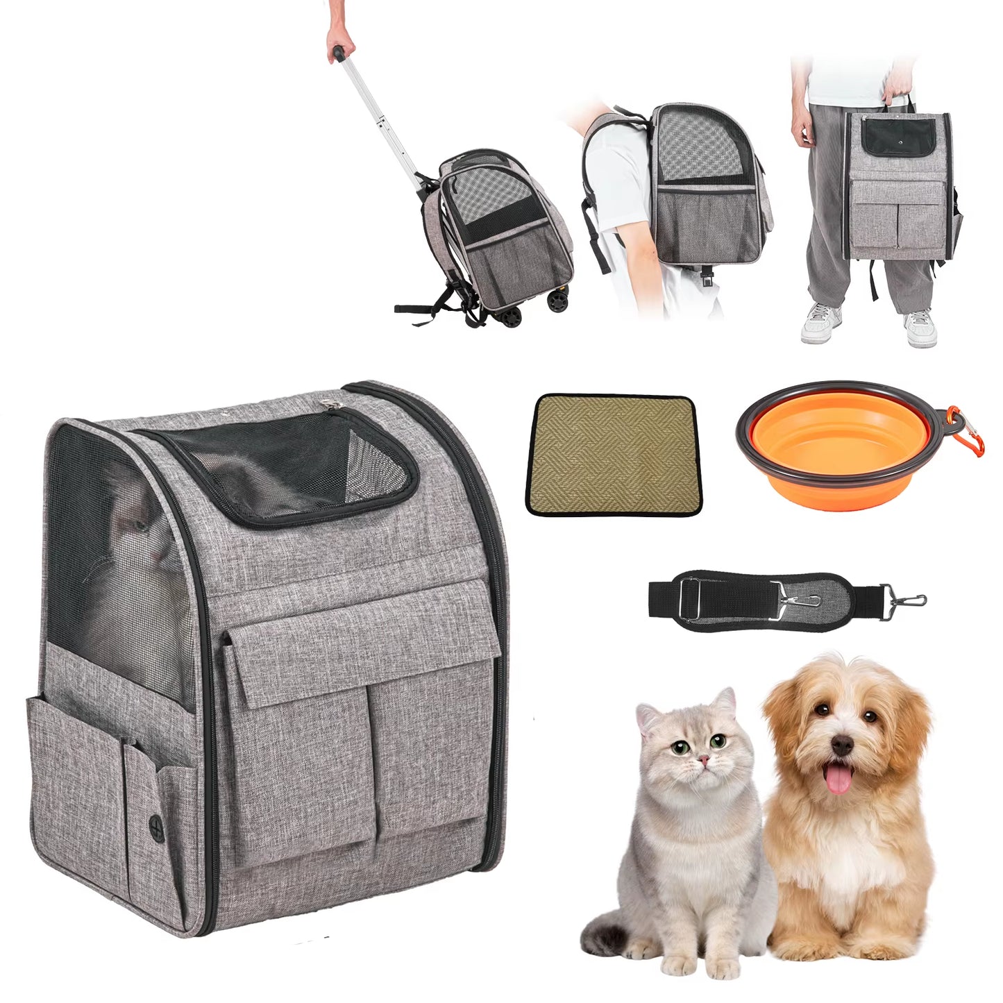 Pet Cat Carrier Breathable Outgoing Dog Carry Backpack with Telescopic Handle Wheels and Shoulder Strap for Travel Trip