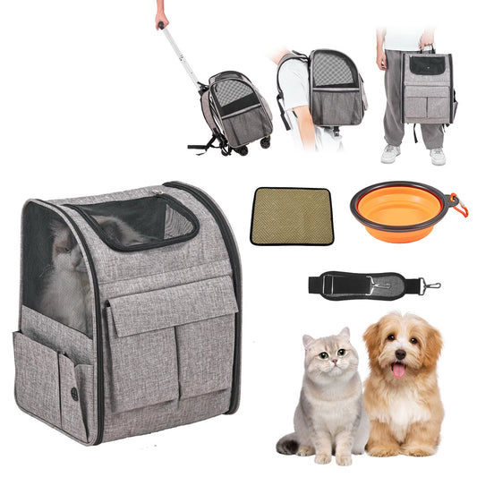 Pet Cat Carrier Breathable Outgoing Dog Carry Backpack with Telescopic Handle Wheels and Shoulder Strap for Travel Trip