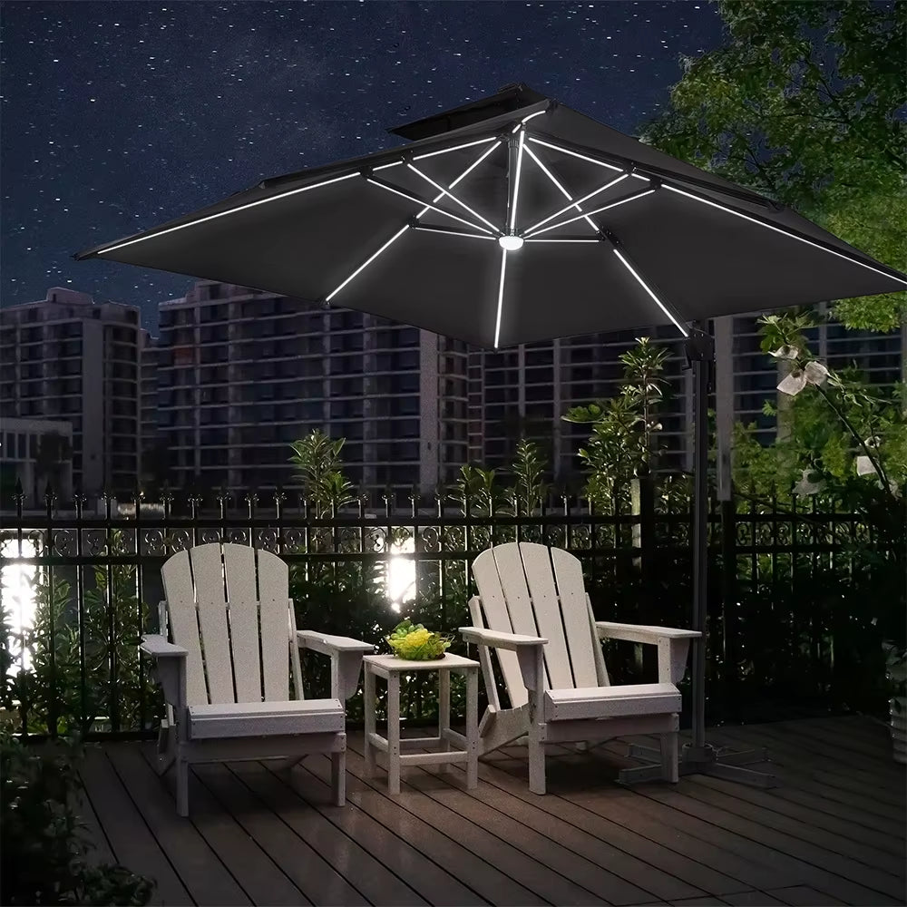 【】3M Dark Grey Garden LED Light Parasol Outdoor Umbrella with Cross Base