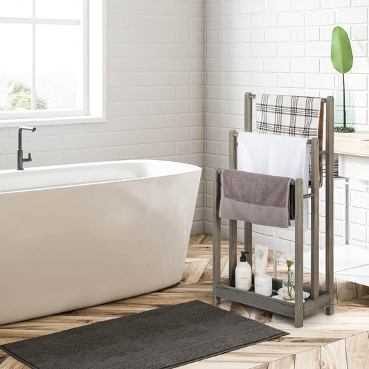 Freestanding Wood Towel Rack with 3 Individual Bars and Bottom Storage Shelf