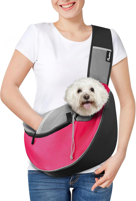 Dog Sling Carrier, Dog Papoose with Zipper Touch Pocket, Hand Free Breathable Mesh Puppy Carrier, Crossbody Satchel Dog Purse with Adjustable Strap for Outdoor Travel, Pink, Large