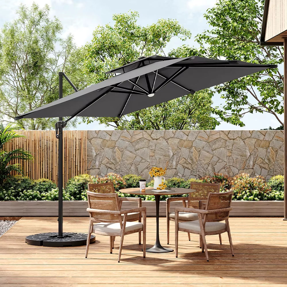 【】3M Dark Grey Garden LED Light Parasol Outdoor Umbrella with Cross Base