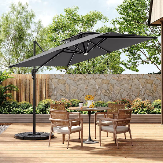 【】3M Dark Grey Garden LED Light Parasol Outdoor Umbrella with Cross Base
