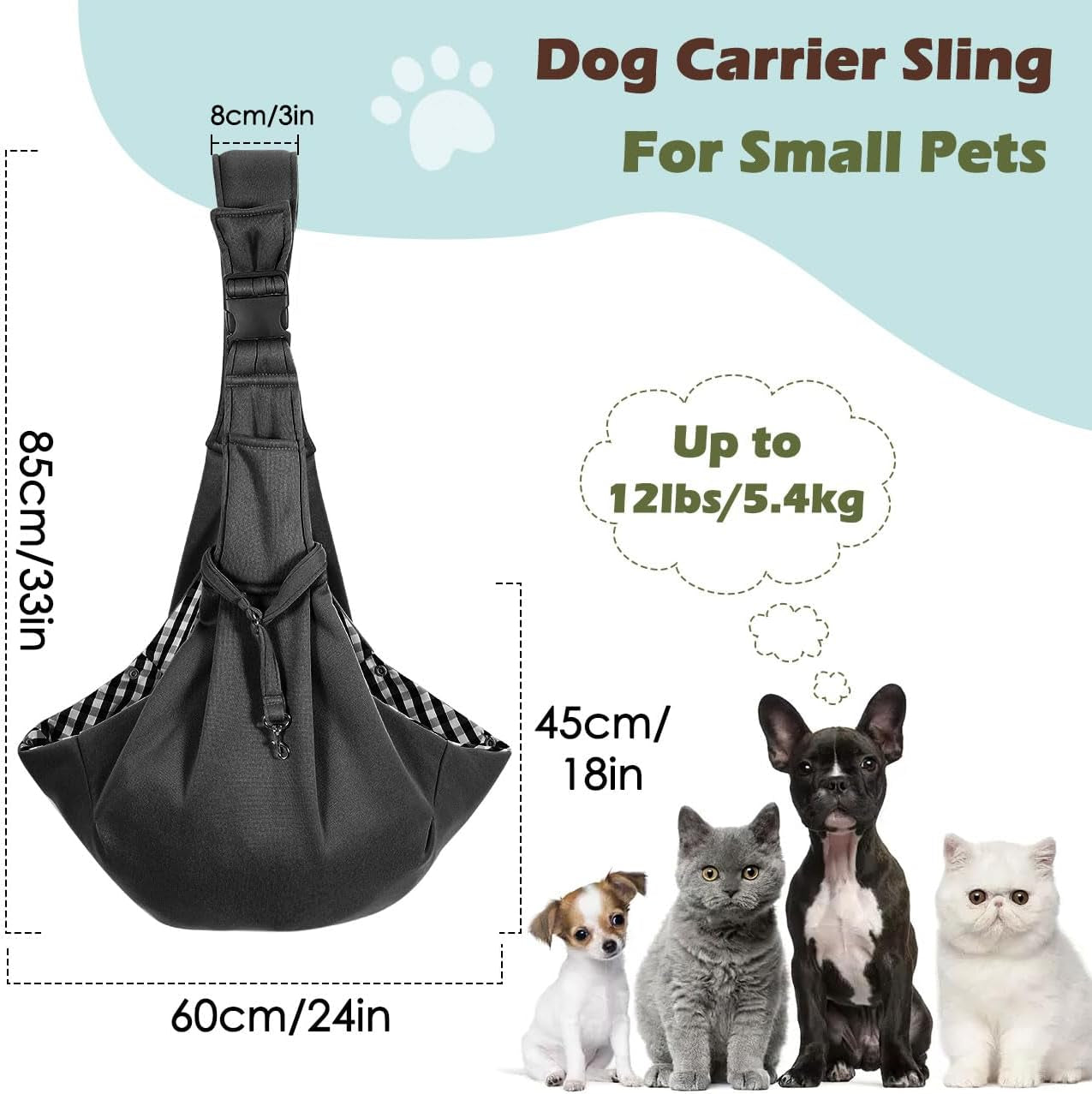 Small Dog Sling Carrier, Reversible Hands Free Dog Sling Carriers for Small Dogs and Cats, Puppy Slings Carrier with Adjustable Strap Buckle & Safety Harness, Puppy Essentials, Black