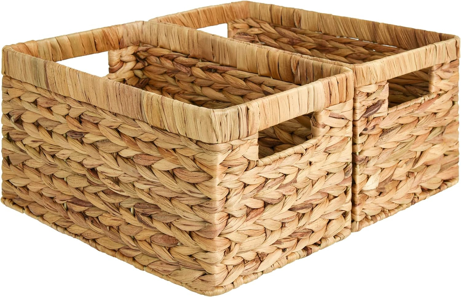 Wicker Storage Baskets for Shelves, Shelf Basket with Handles, Woven Bathroom Organizer, Natural Water Hyacinth, 2-Pack