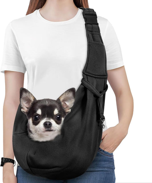 Small Dog Sling Carrier, Reversible Hands Free Dog Sling Carriers for Small Dogs and Cats, Puppy Slings Carrier with Adjustable Strap Buckle & Safety Harness, Puppy Essentials, Black