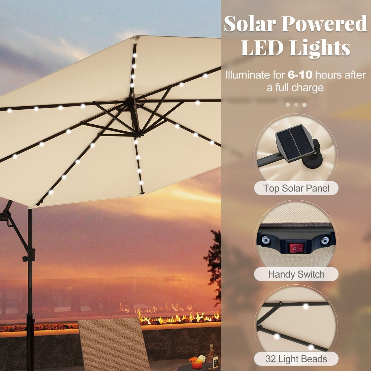 Patio Umbrella Solar LED Cantilever Umbrella with Tilt Adjustment