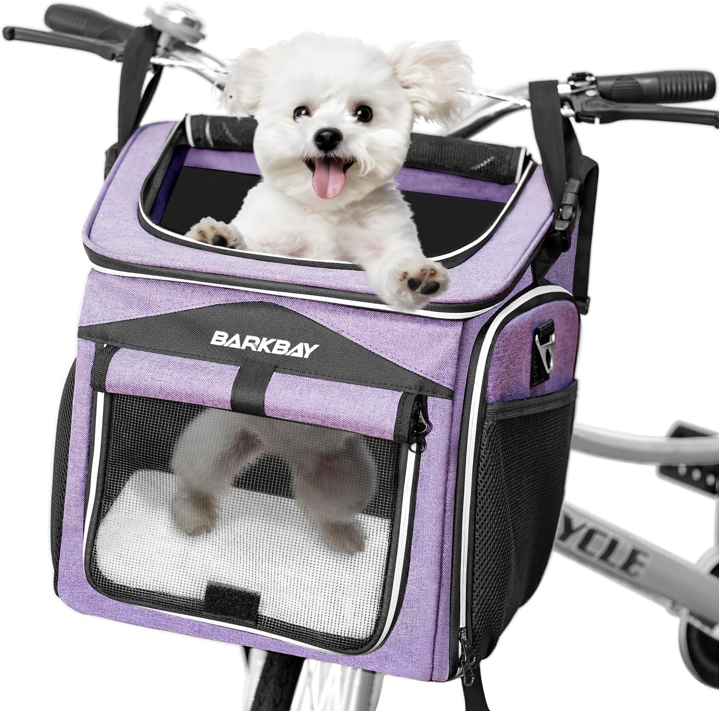 Dog Bike Basket Carrier, Expandable Foldable Soft-Sided Dog Carrier, 2 Open Doors, 5 Reflective Tapes, Pet Travel Bag, Safe and Easy for Small Medium Cats and Dogs (Purple)