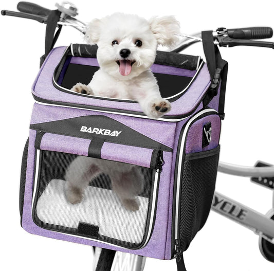 Dog Bike Basket Carrier, Expandable Foldable Soft-Sided Dog Carrier, 2 Open Doors, 5 Reflective Tapes, Pet Travel Bag, Safe and Easy for Small Medium Cats and Dogs (Purple)