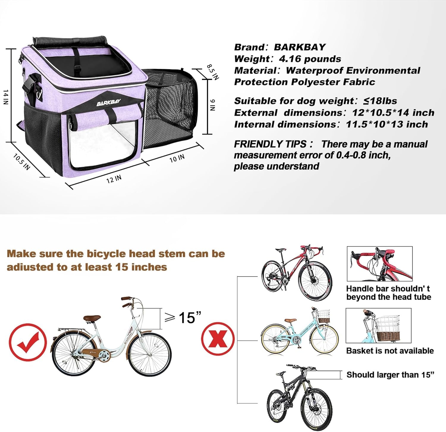 Dog Bike Basket Carrier, Expandable Foldable Soft-Sided Dog Carrier, 2 Open Doors, 5 Reflective Tapes, Pet Travel Bag, Safe and Easy for Small Medium Cats and Dogs (Purple)